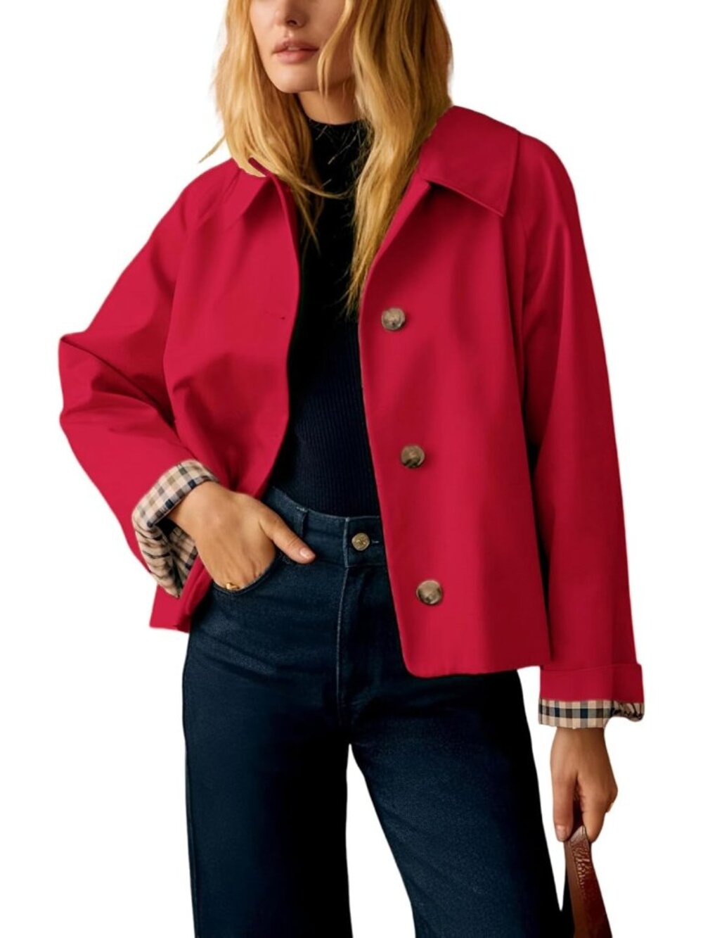 Womens Red Long Sleeve Button Down  Plaid Lining Pockets Casual Cropped Jacket